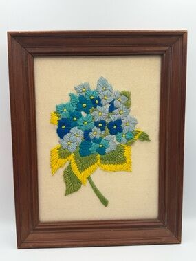 Vintage Framed Crewel Blue Flower Picture 14.5x11.5